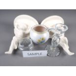 A pair of ceramic cherub wall brackets, a Poole Pottery jug, a cut glass dressing table set, etc