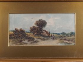 J Wilton, 1905: a watercolour landscape with cottage, figures and a sheep, 6 1/2" x 13 1/2", in gilt