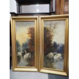 Phil Adams: a pair of oils on canvas, river scenes with swans, 33" by 13 1/2", in gilt frames