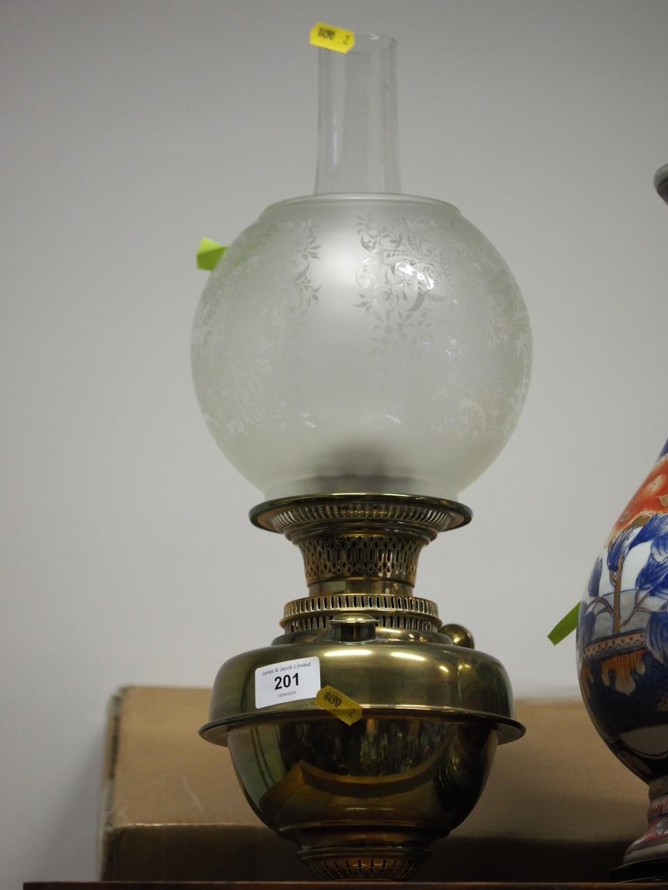 A late 19th century porcelain oil lamp with figure decorated panel, etched shade and chimney, 19" - Image 3 of 3