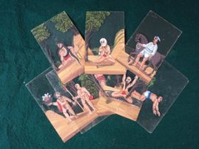 A set of eight 19th century Trichinopoly opaque pigment on mica paintings of "Yogi", 4" x 2"