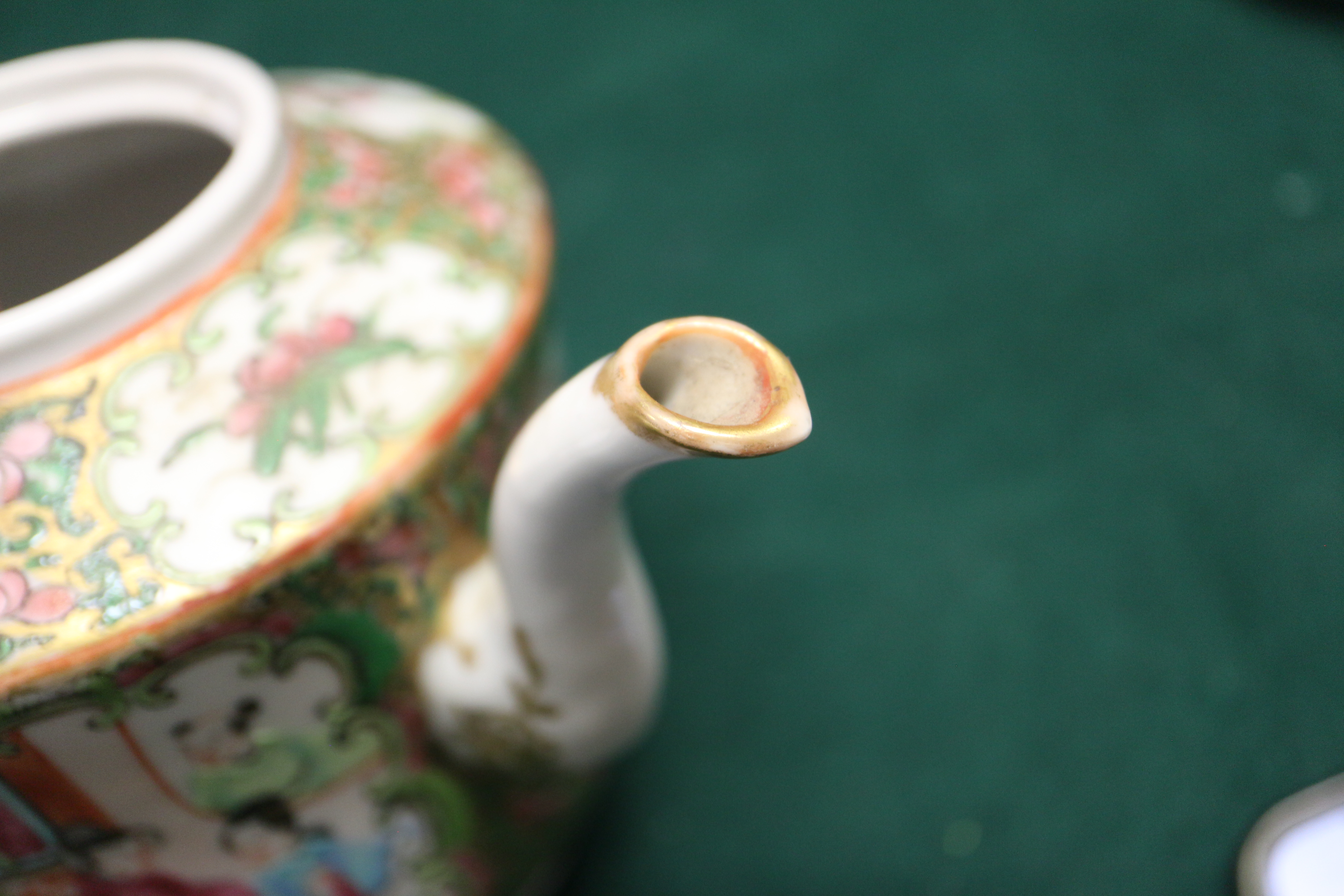 A Canton enamel teapot, 5 1/2" high, and stand with figure, bird and insect decoration, 6" dia ( - Image 12 of 19