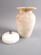 An Egyptian alabaster jar, 7 1/2" high, and an alabaster powder bowl with patinated knob handles, 4"