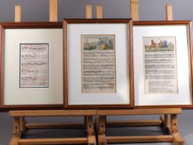 Two 18th century hand-coloured musical scores and a similar 18th century musical score, in strip