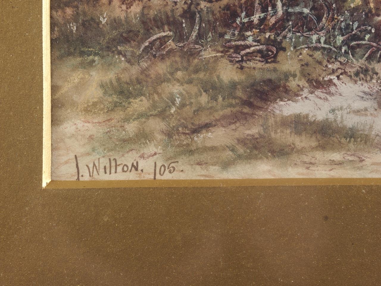 J Wilton, 1905: a watercolour landscape with cottage, figures and a sheep, 6 1/2" x 13 1/2", in gilt - Image 2 of 7