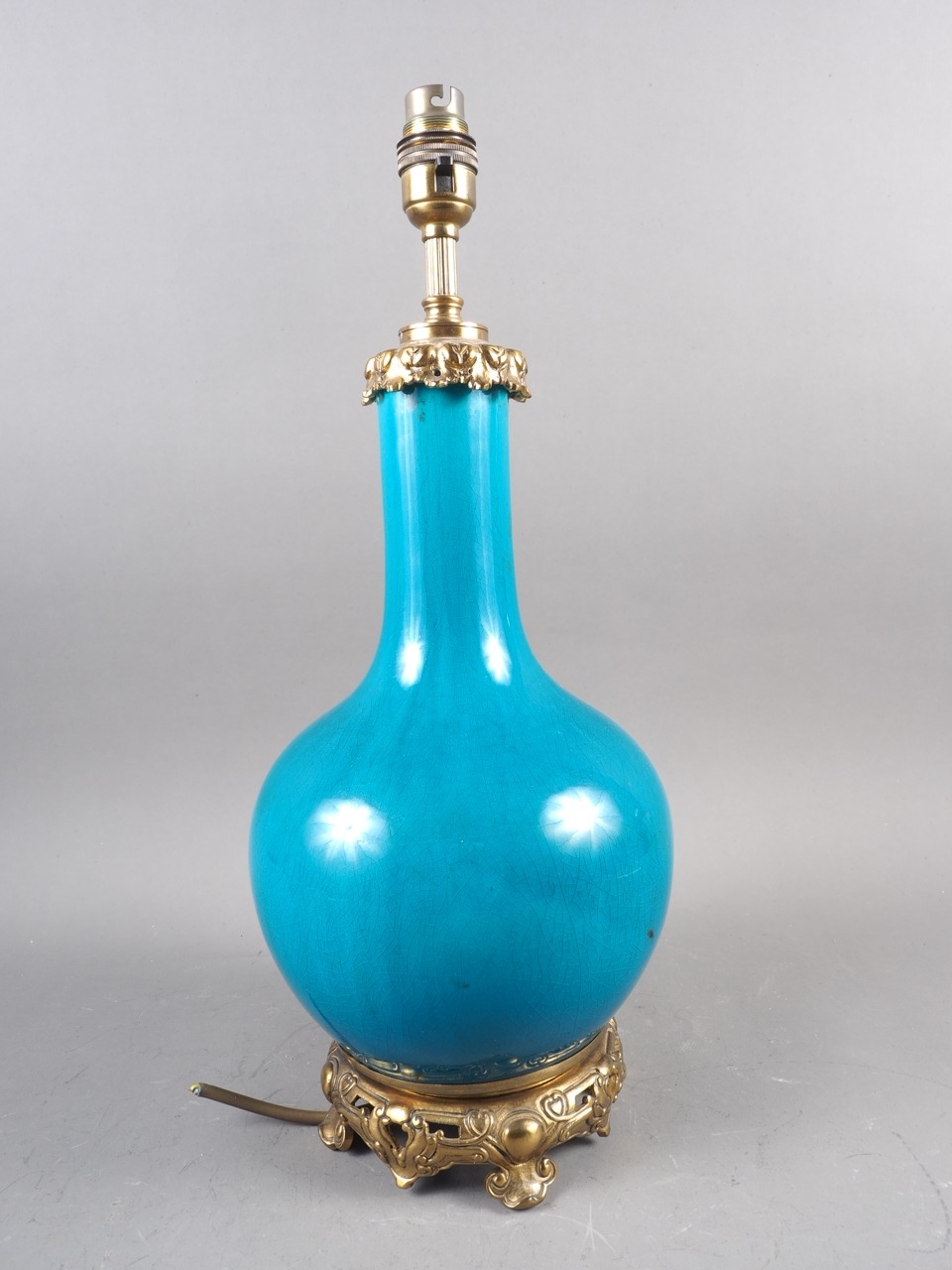 A Chinese turquoise glazed bottle vase with gilt metal mounts (now converted as a table lamp), 17 - Image 2 of 2