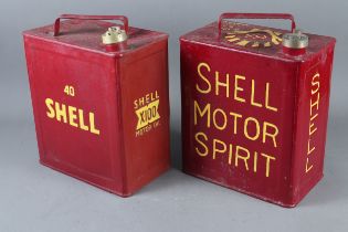 A vintage red painted Shell X-100 Motor oil can, 12" high, and another similar