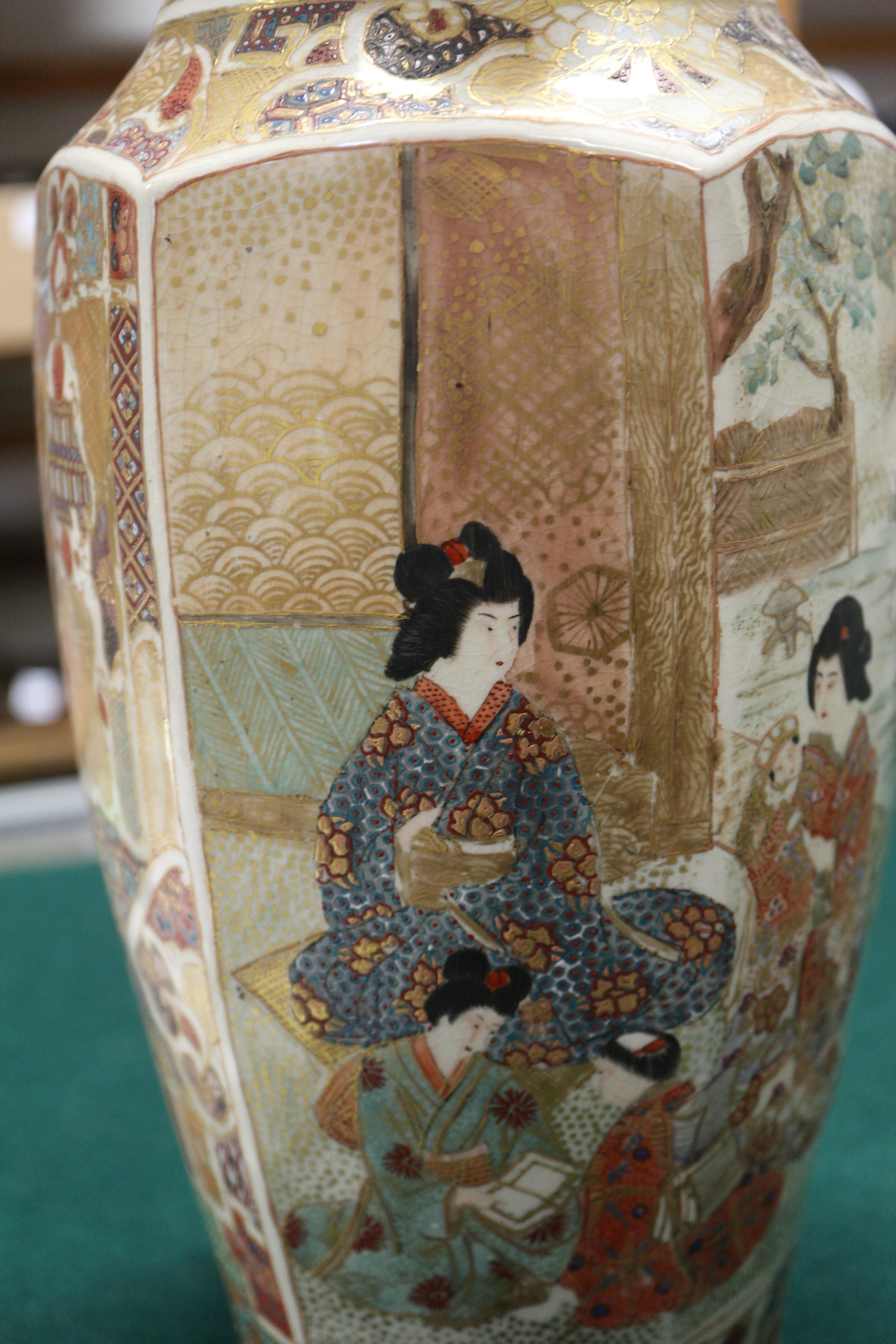 A pair of Japanese Satsuma faceted vases with figure decoration, 11 3/4" high, and a smaller similar - Image 10 of 19