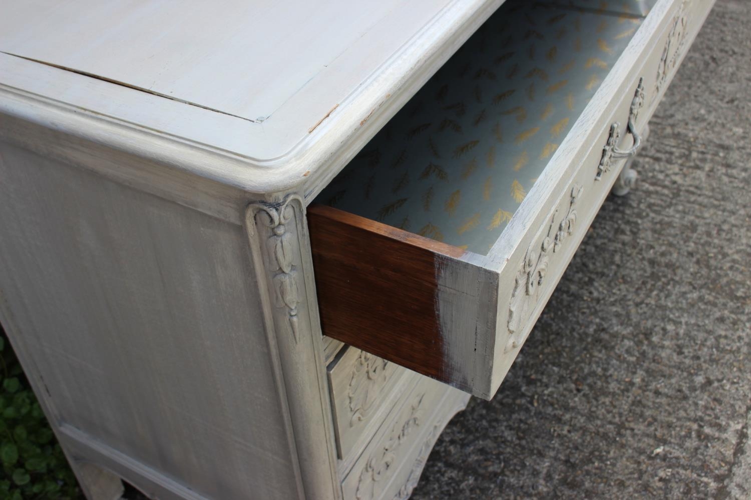 A Louis XVI design grey painted chest of three drawers, on carved shaped cabriole supports, 57" wide - Image 2 of 2