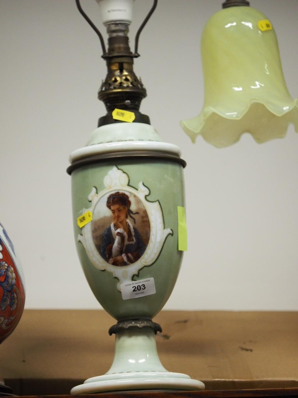 A late 19th century porcelain oil lamp with figure decorated panel, etched shade and chimney, 19" - Image 2 of 3