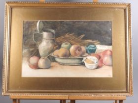 A still life watercolour, fruit and jug, 12 1/2" x 19 1/2", in gilt frame, another still life, fruit