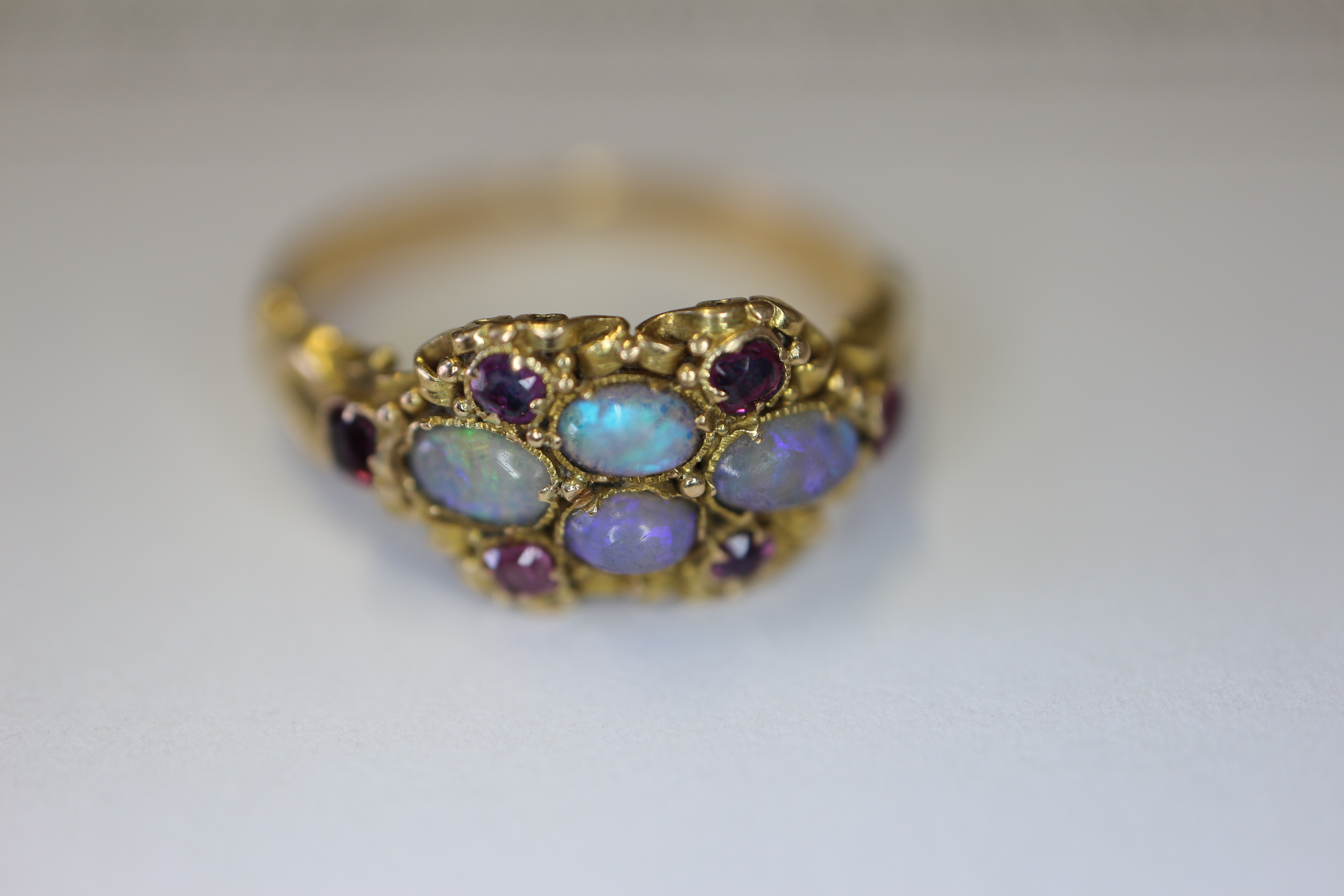 A Victorian yellow metal, opal and ruby dress ring, size L, 1.9g - Image 3 of 8