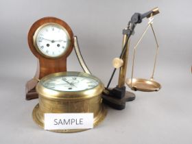 A brass cased bulkhead clock with later movement, 9 1/2" dia, an Edwardian mahogany and line