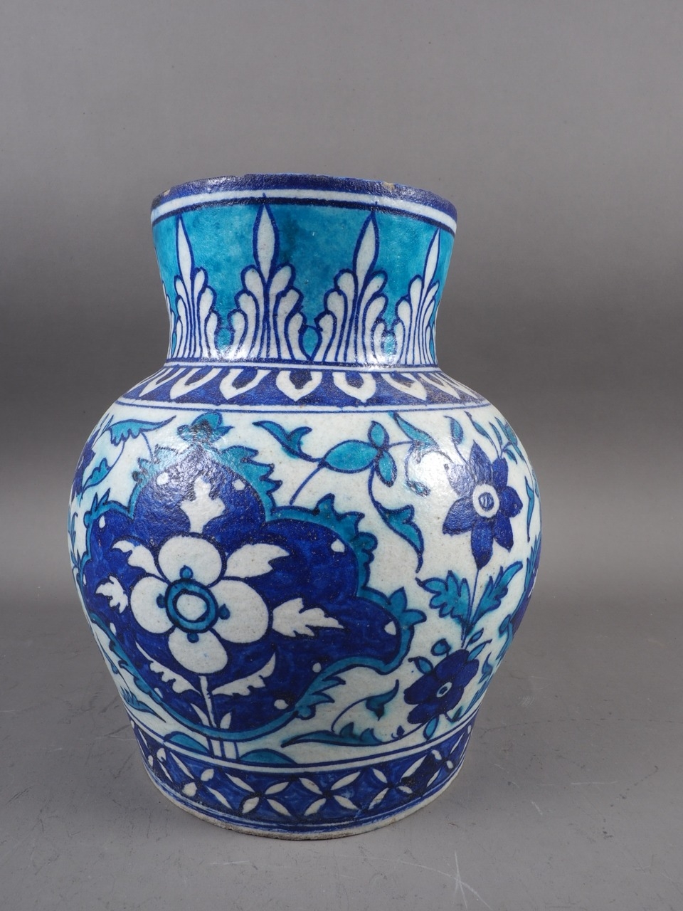 A Persian frit ware vase with all-over floral design in blue and turquoise, 9 1/4" high, and a - Image 6 of 10