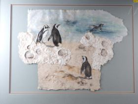 Sheila Cooper: textured paper and elephant dung?, study of penguins, 24 1/2" x 17 1/2", in green