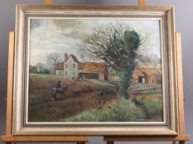 E P Timpson: 1976: oil on board, "Berkshire Farm", 15" x 19", in painted frame, a modern Chinese