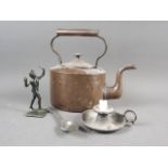 A bronze figure of a dancing faun, 6" high, a pewter chamber stick, a pewter spoon and a copper