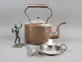 A bronze figure of a dancing faun, 6" high, a pewter chamber stick, a pewter spoon and a copper