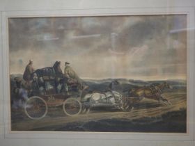 A pair of early 19th century coloured aquatint, coaching scenes, in burr maple frames