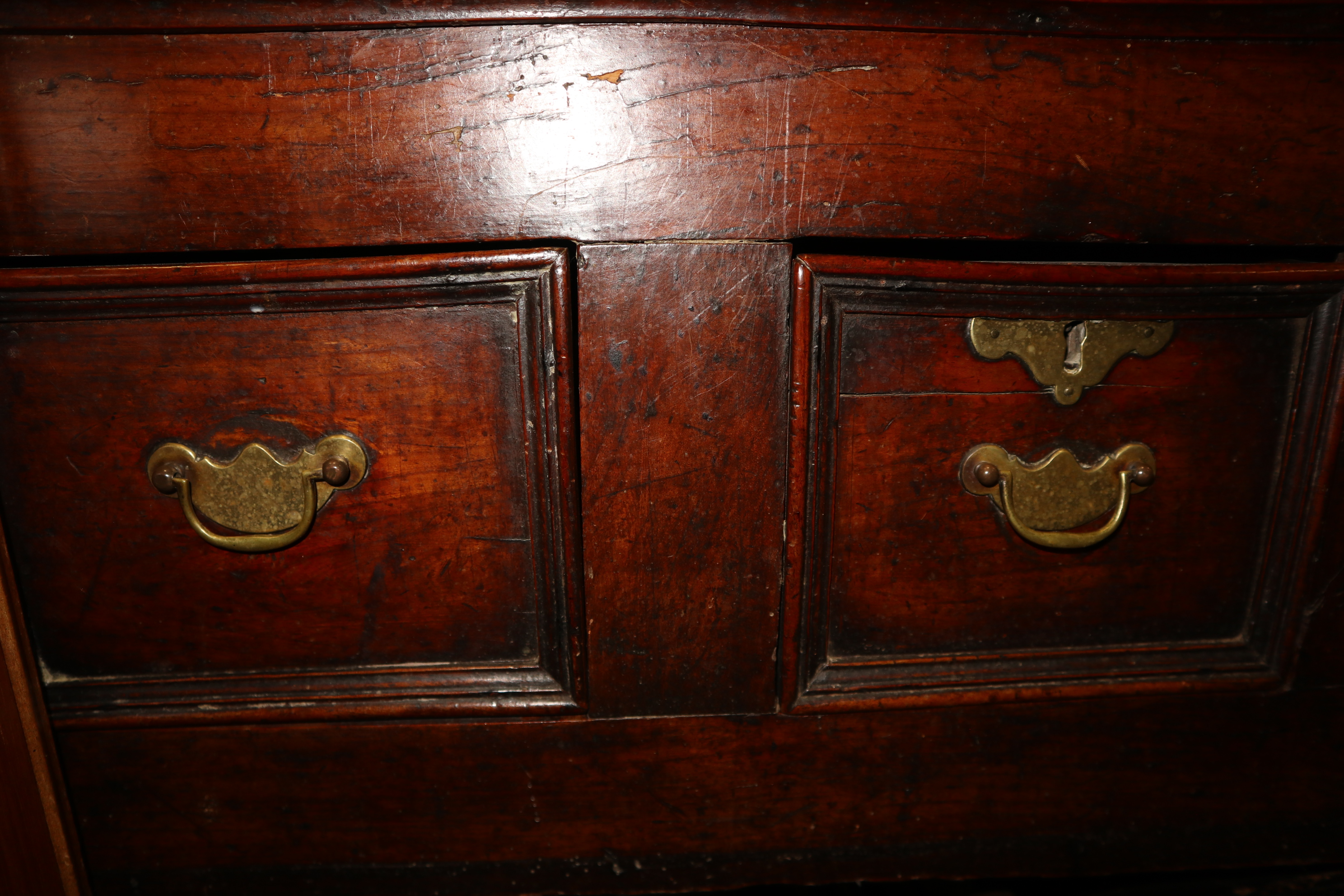 An 18th century fruitwood dresser base, fitted one short and two long fielded panel front drawers, - Image 9 of 12