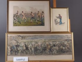 A 19th century coloured print, "A Prize Fight", in Hogarth frame, another similar print, "Chaucers