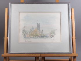 Hugh Casson: a signed colour print, Palace of Westminster, in aluminium strip frame