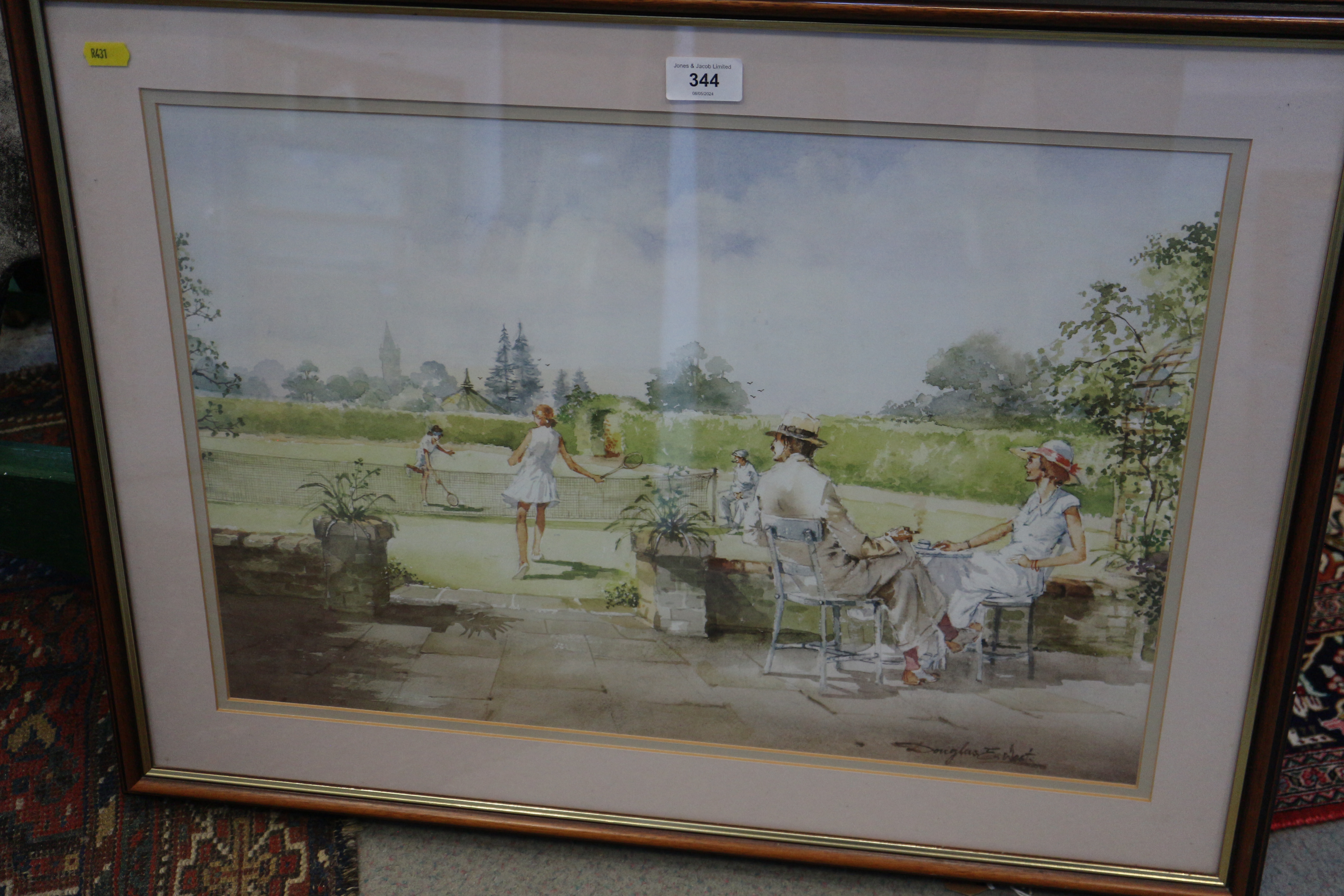 A coloured map of Cambridge, in gilt frame, Douglas West: a print, "Tea and Tennis", in wooden strip - Image 3 of 3