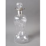 A Victorian blown glass "glug glug" decanter with silver collar, 10" high
