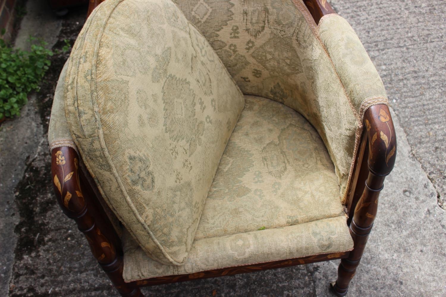 A 19th century Dutch marquetry showframe tub seat armchair with loose seat cushion, on turned and - Image 5 of 5