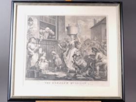William Hogarth: an 18th century engraving, "The Enraged Musician", in ebonised and gilt frame, a