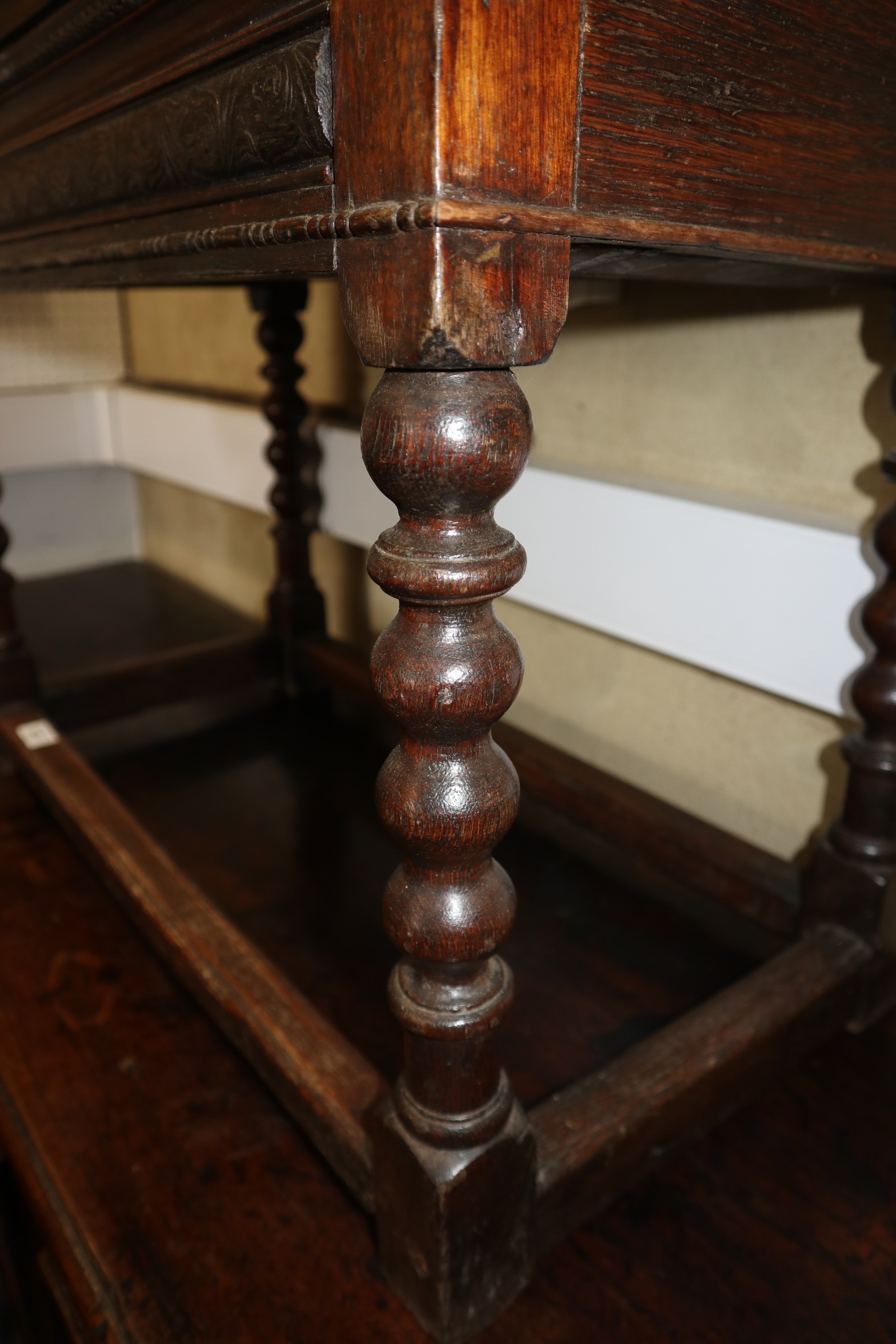 A late 17th century carved oak Bible/lace box, 25" wide x 13" deep x 29" high, on later stand with - Image 7 of 7