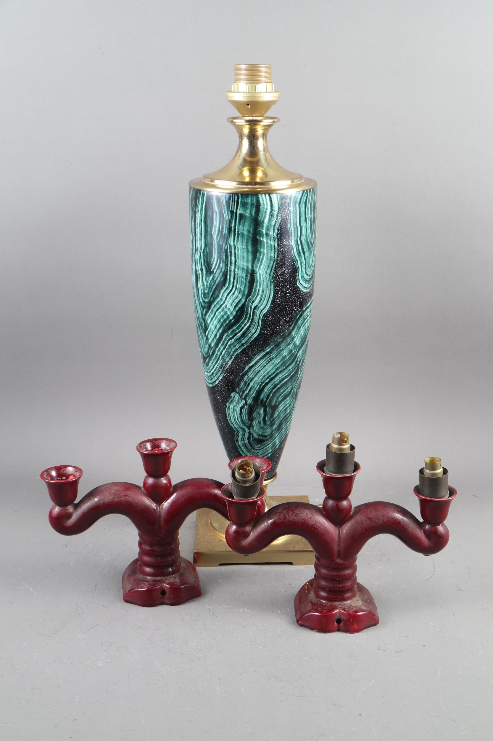 A malachite effect and gilt mounted vase-shaped table lamp, on square base, 22" high, and a pair