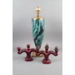 A malachite effect and gilt mounted vase-shaped table lamp, on square base, 22" high, and a pair