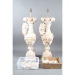 A pair of Alabaster table lamps with relief vine leaf and grape decoration, on square bases, 26"