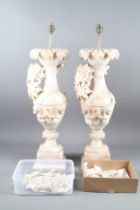 A pair of Alabaster table lamps with relief vine leaf and grape decoration, on square bases, 26"
