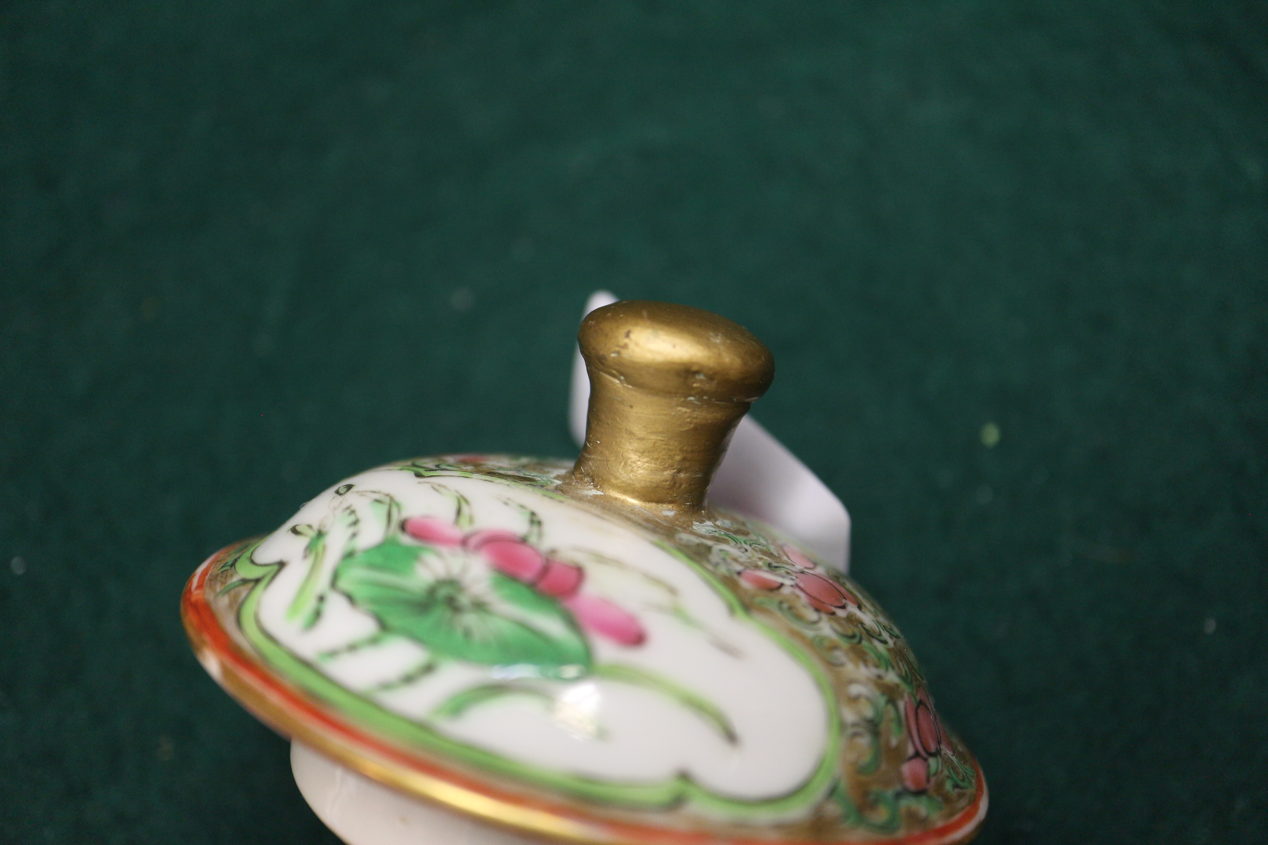 A Canton enamel teapot, 5 1/2" high, and stand with figure, bird and insect decoration, 6" dia ( - Image 18 of 19