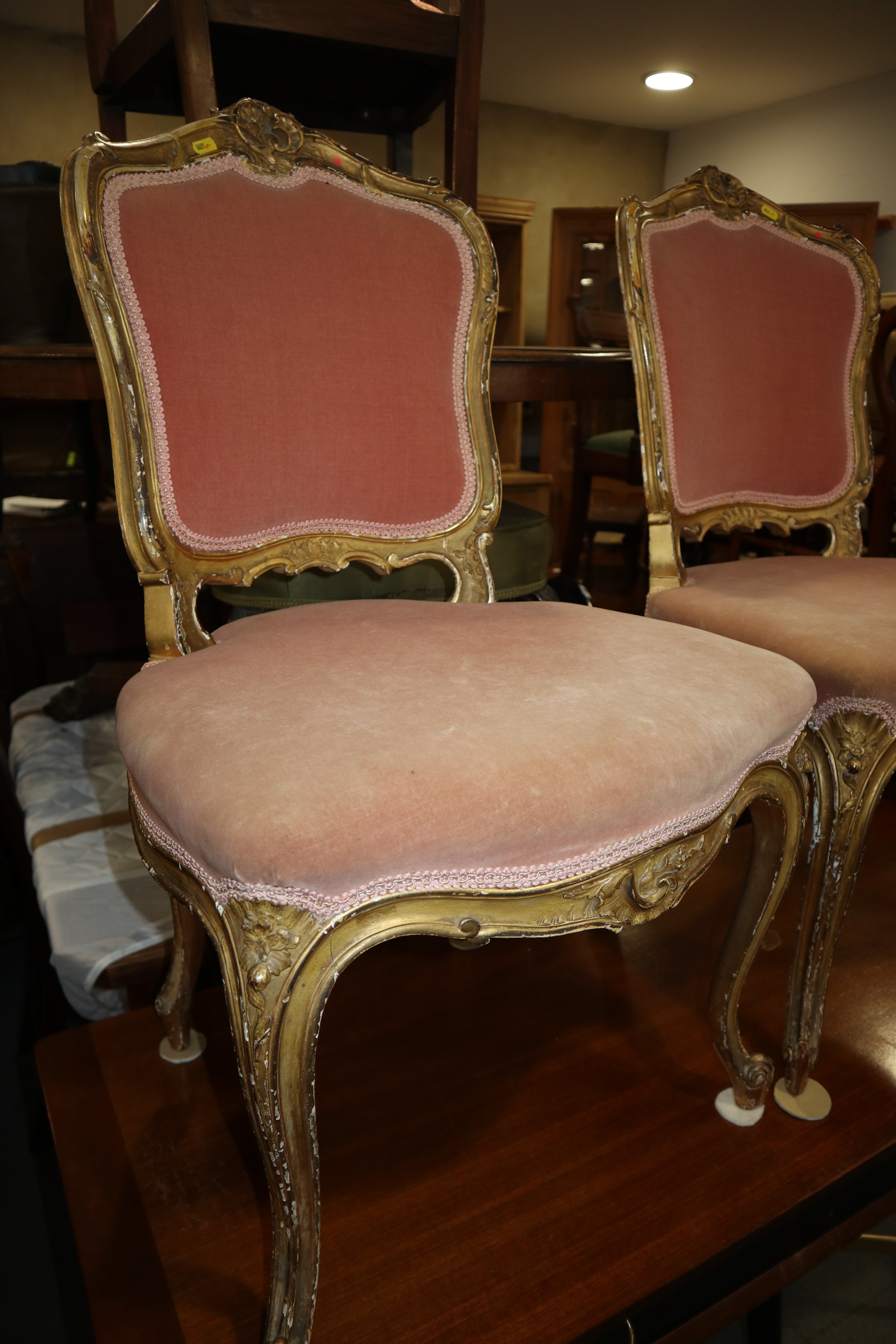 A pair of James Shoolbred  Louis XVI design carved giltwood showframe salon chairs with padded backs - Image 2 of 3