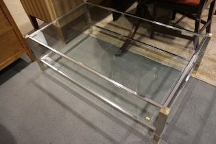 A 1980s French chrome and glass frame two-tier coffee table, 50" long x 31" wide x 15" high