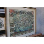 A coloured map of Cambridge, in gilt frame, Douglas West: a print, "Tea and Tennis", in wooden strip