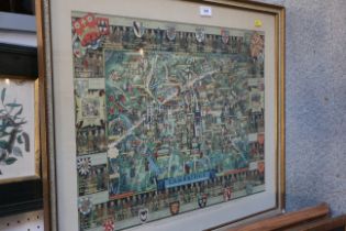 A coloured map of Cambridge, in gilt frame, Douglas West: a print, "Tea and Tennis", in wooden strip