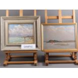 Andrea Bates: two oil on boards, coastal scenes, 7" x 9" and 8 3/4" x 11 1/2", in strip frames
