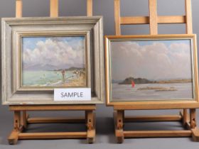 Andrea Bates: two oil on boards, coastal scenes, 7" x 9" and 8 3/4" x 11 1/2", in strip frames