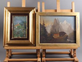 A 19th century Continental oil on board, mountain scene with chalet, 9 1/4" x 12", in gilt frame,