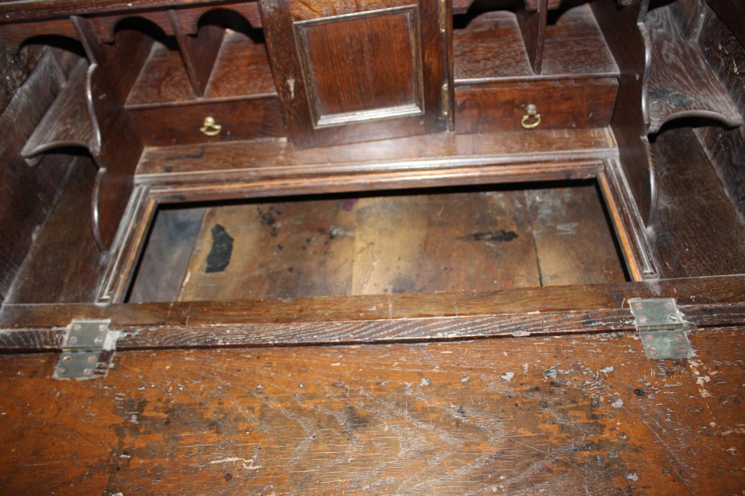 An early 18th century fall front bureau with fitted interior cupboard and well over two short and - Image 3 of 3