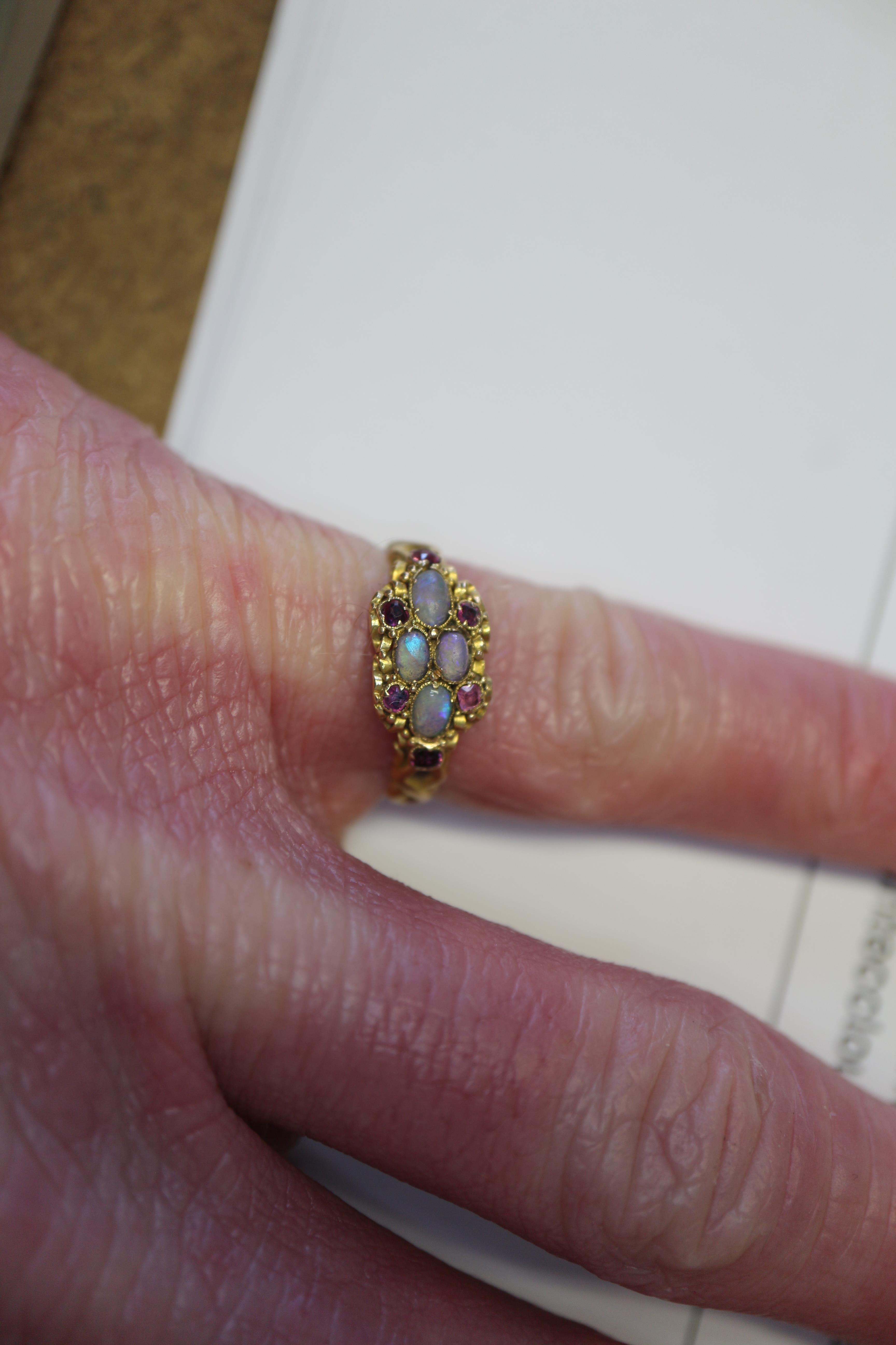 A Victorian yellow metal, opal and ruby dress ring, size L, 1.9g - Image 7 of 8