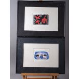 A pair of screen prints with gouache and pencil, abstracts with birds, in ebonised frames