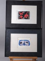 A pair of screen prints with gouache and pencil, abstracts with birds, in ebonised frames