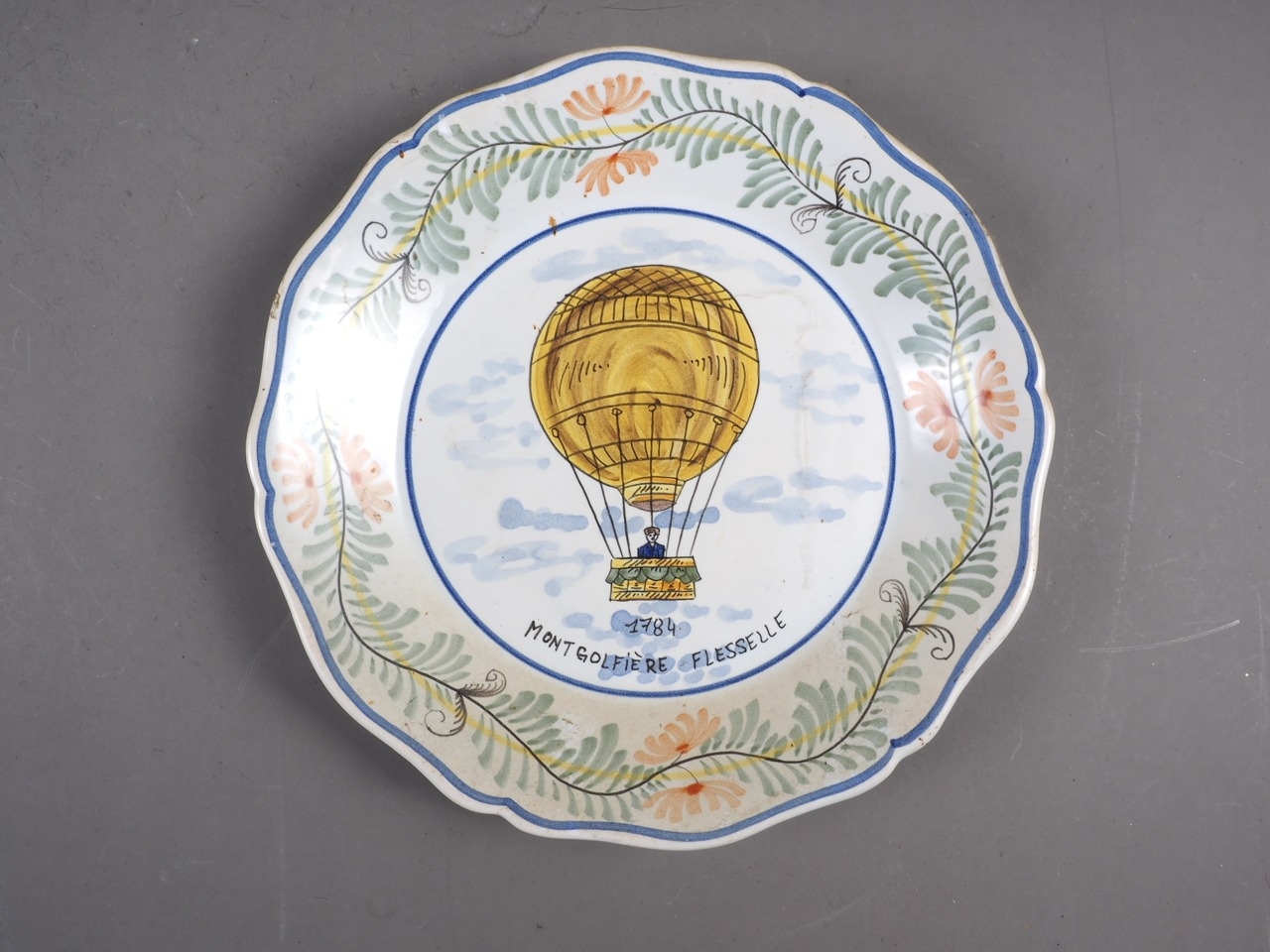 Two French faience plates, ballooning and fisher folk, and other decorative plates (chips to one - Image 4 of 5