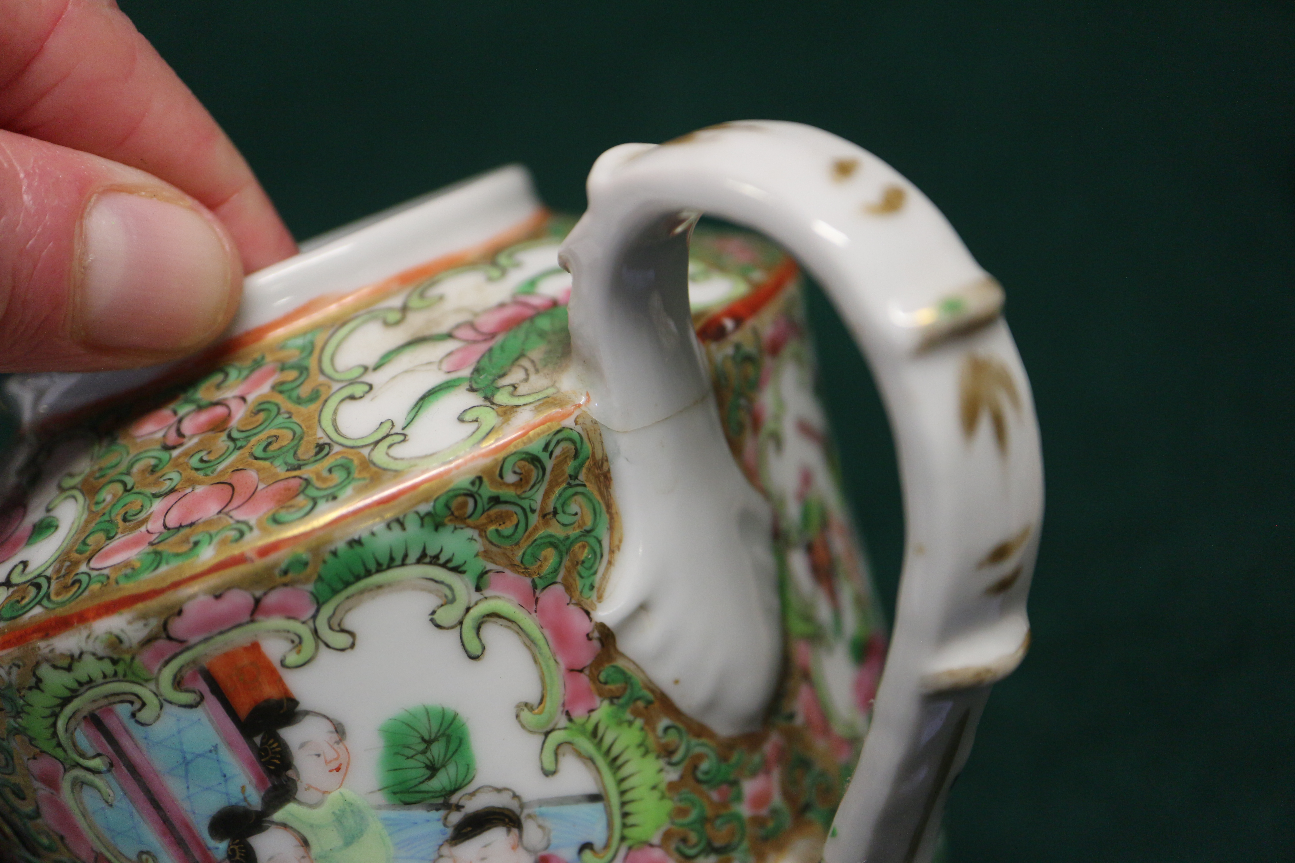 A Canton enamel teapot, 5 1/2" high, and stand with figure, bird and insect decoration, 6" dia ( - Image 10 of 19