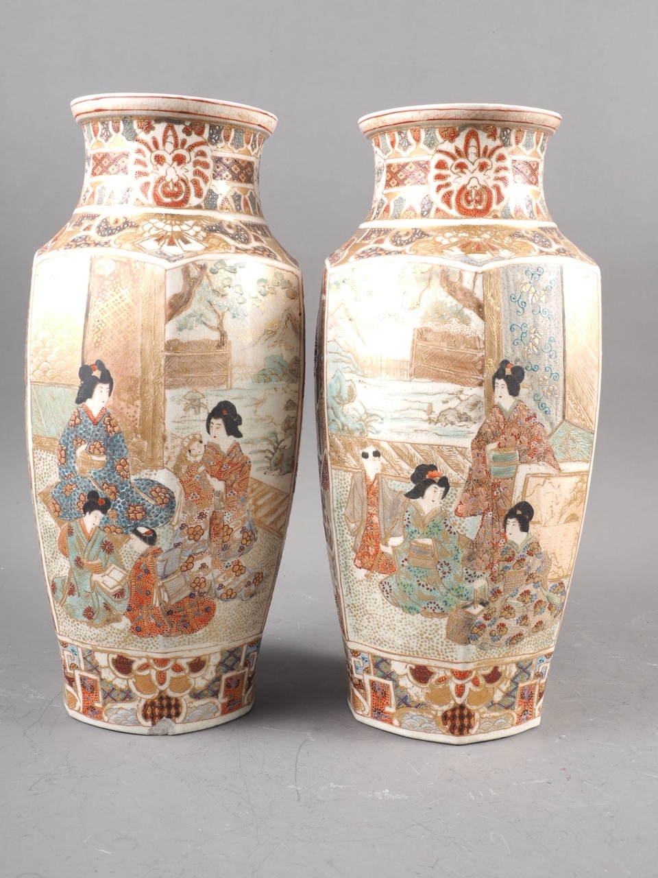 A pair of Japanese Satsuma faceted vases with figure decoration, 11 3/4" high, and a smaller similar - Image 4 of 19